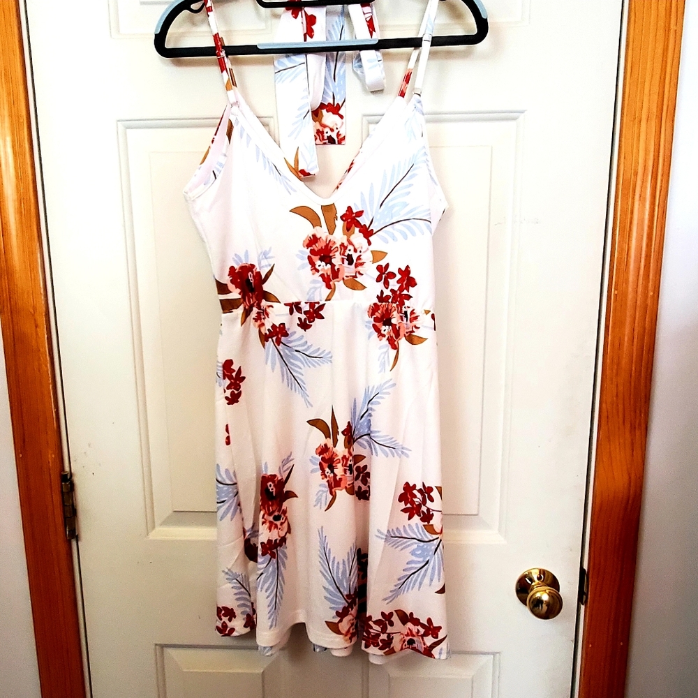 Casuress small v-neck swing skater dress. Floral print, spaghetti straps.